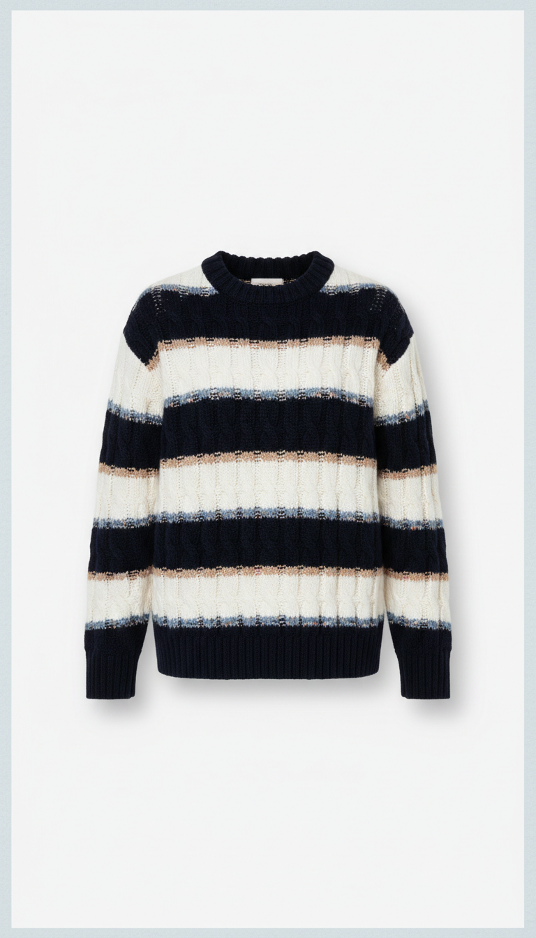 Navy Striped Cable-Knit Sweater